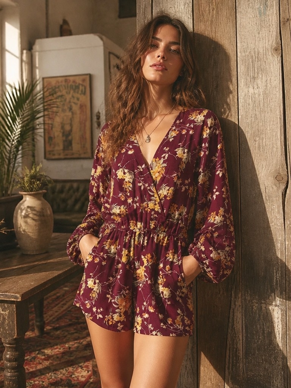 Gypsies & Moondust Burgundy Floral V-Neck Romper